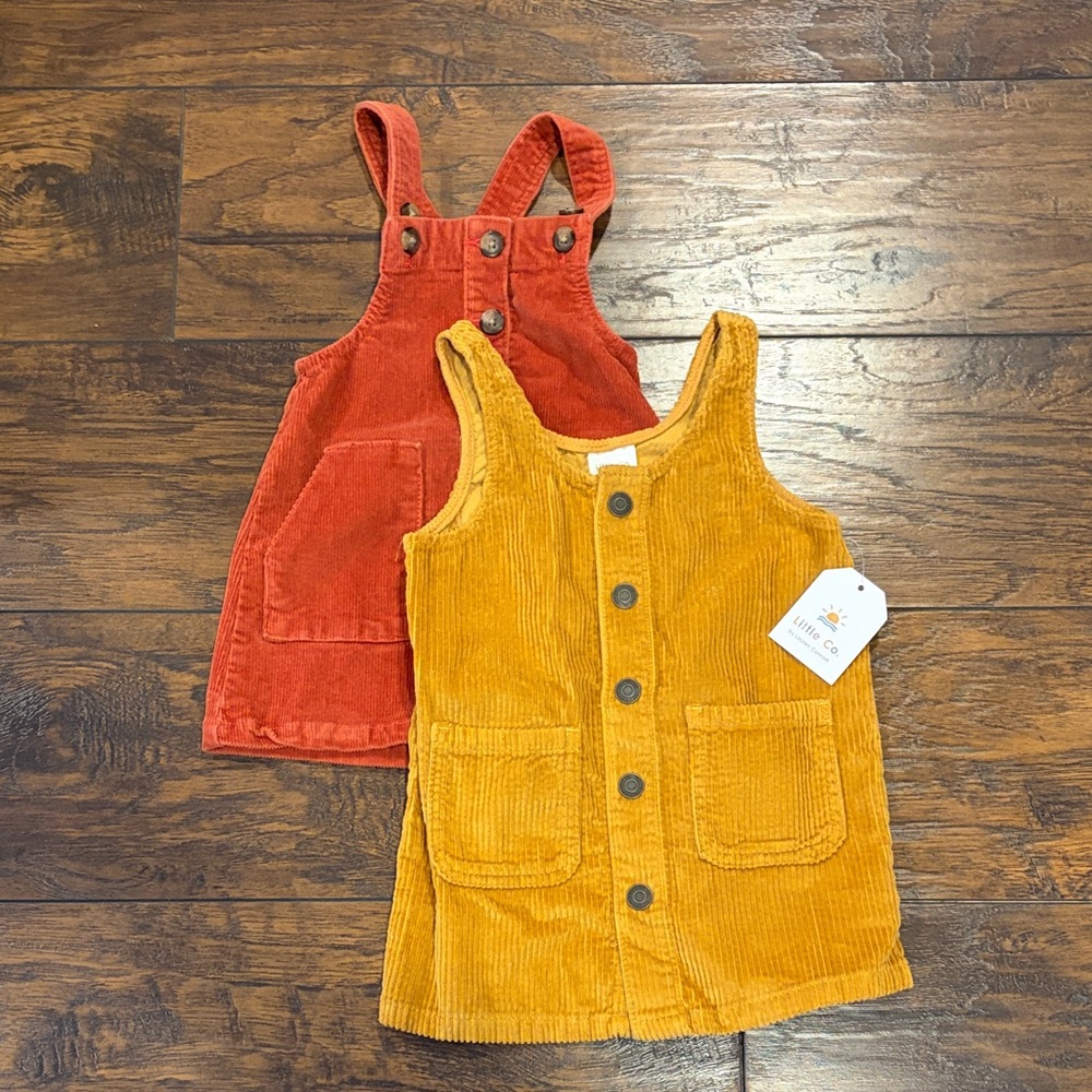 Corduroy Pinafore Dresses in Rust and Mustard